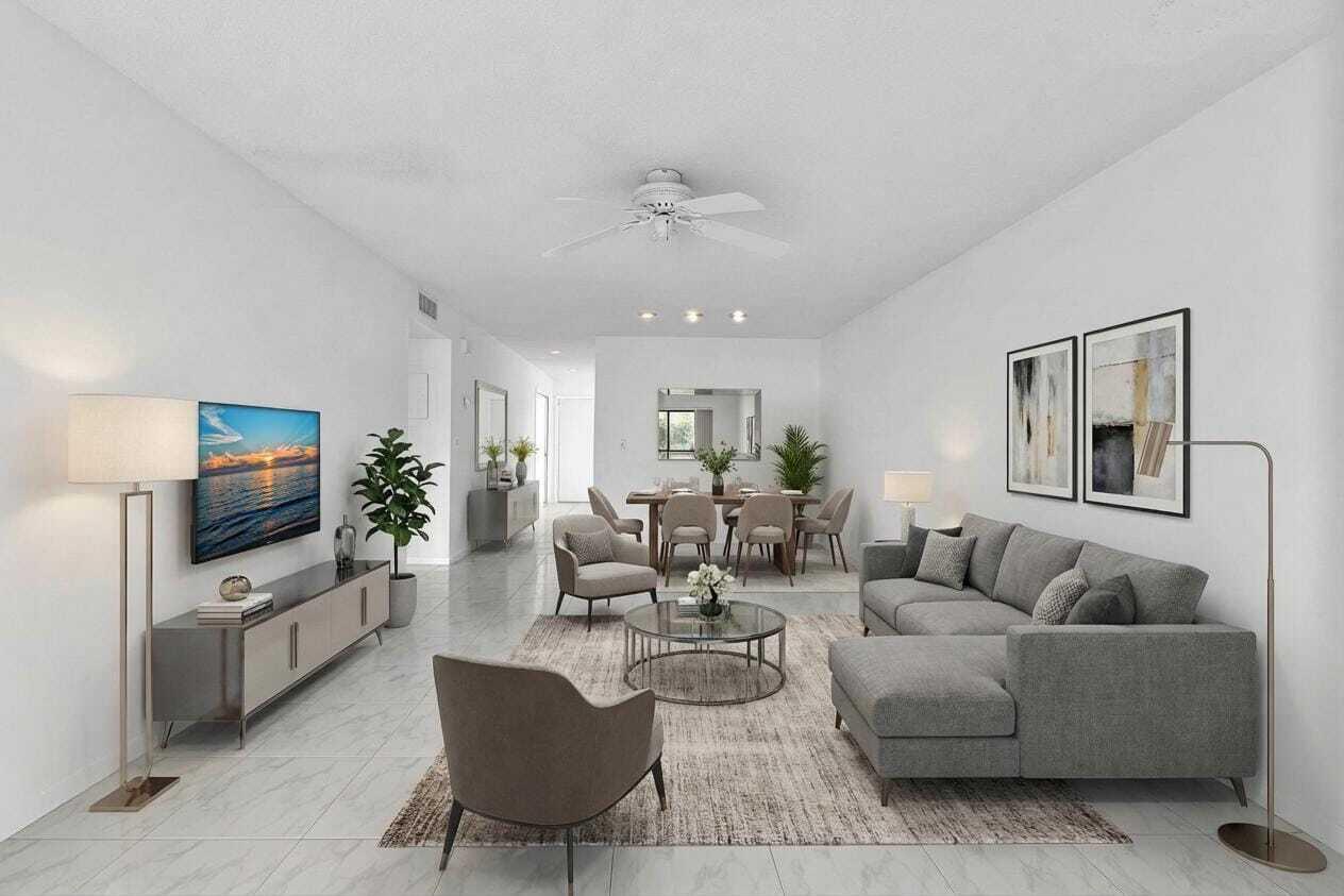 This is a digital rendering of a modern, open-concept living and dining room area — 13721 Flora Place # D, Delray Beach FL 33484, DELRAY BEACH, FL