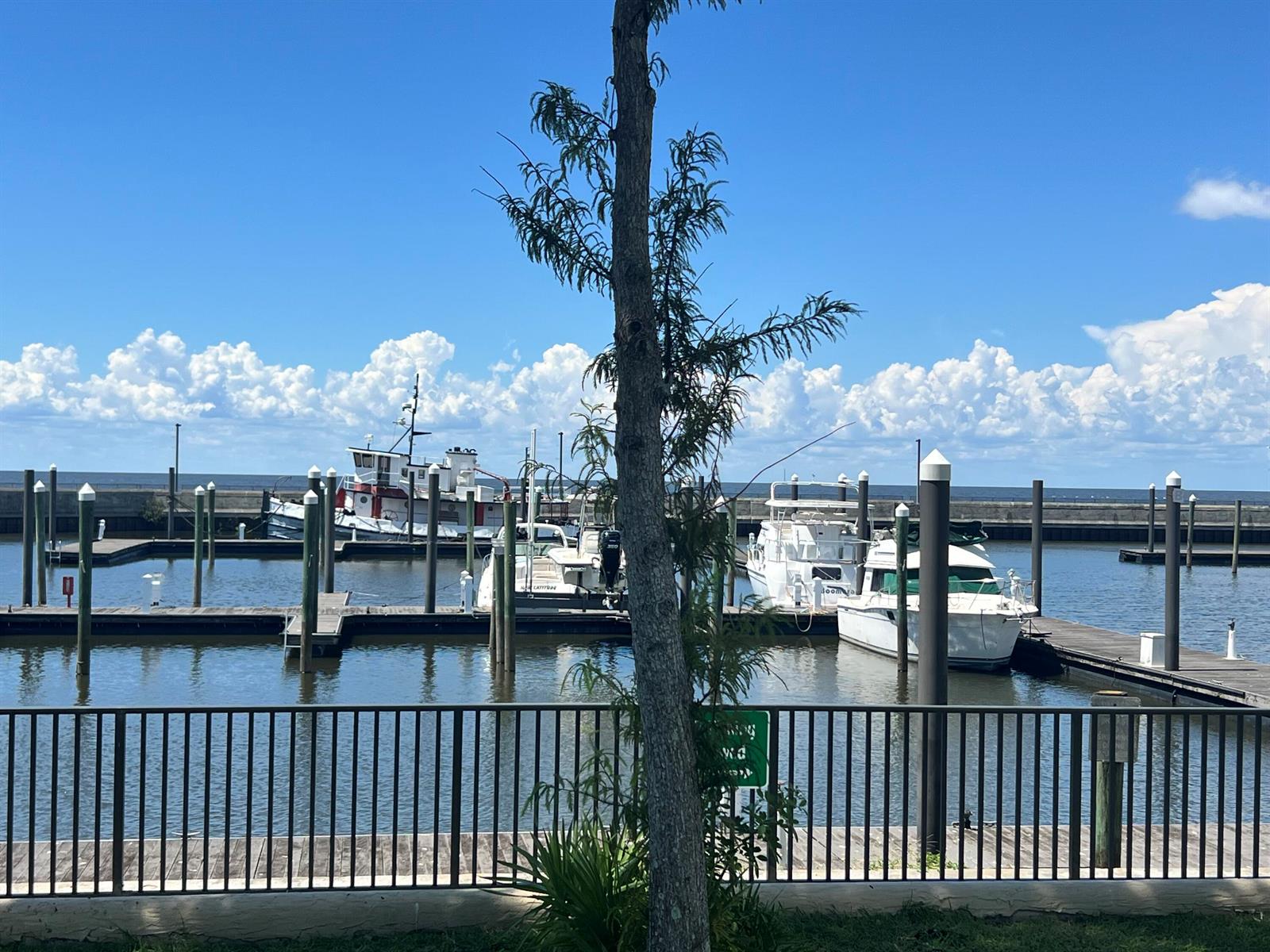 A view of a marina with several boats docked at wooden piers under a blue sky — 197 W Main Street, Pahokee FL 33476, PAHOKEE, FL