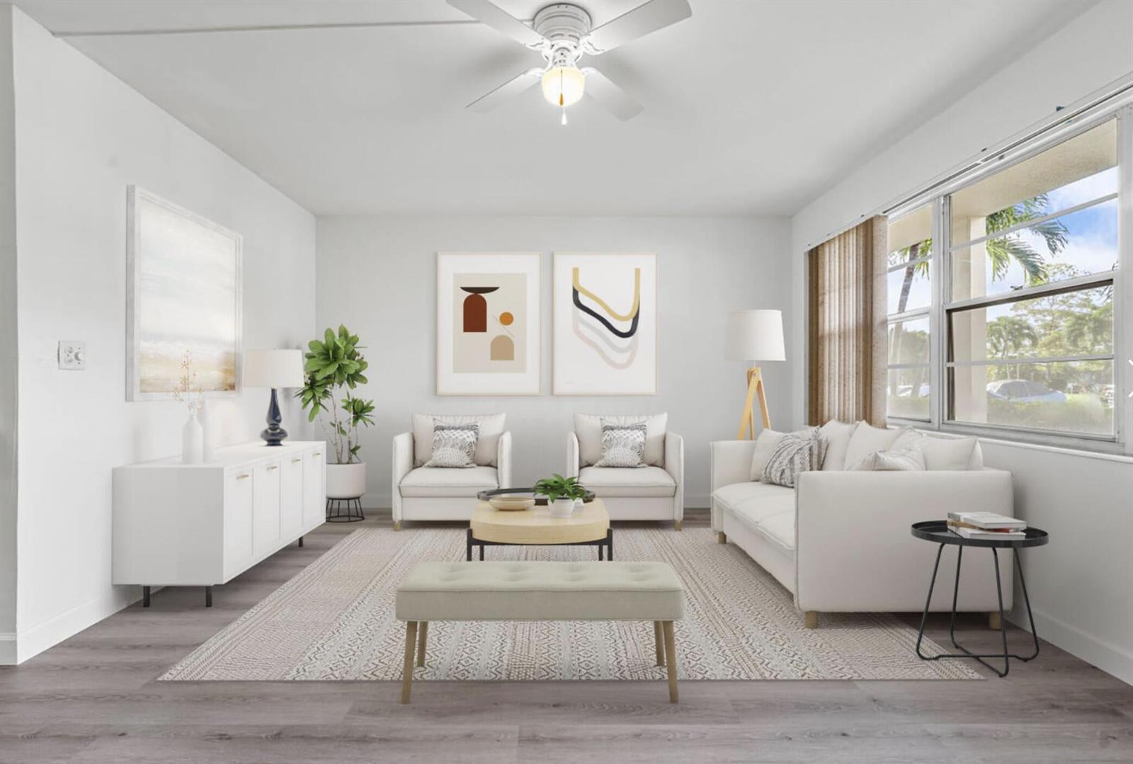 This is a digital rendering of a bright living room with white furniture and decor — 1038 Cambridge, Deerfield Beach FL 33442, DEERFIELD BEACH, FL