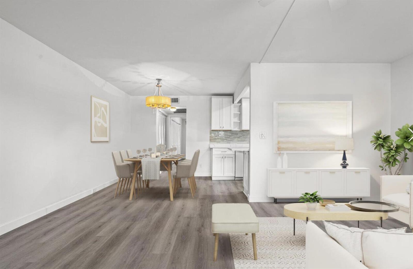 This is a digital rendering of an open-concept living and dining area with wood flooring — 1038 Cambridge, Deerfield Beach FL 33442, DEERFIELD BEACH, FL
