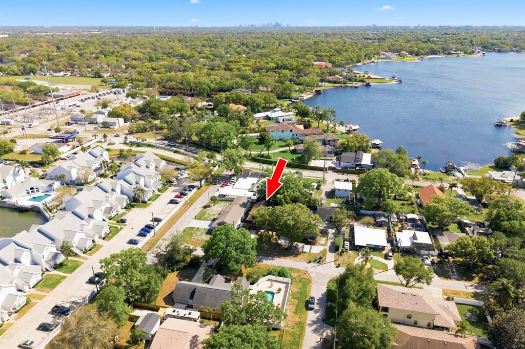An aerial view shows a residential neighborhood with a red arrow pointing to a house — 2204 HOWARD LANE, TAMPA, FL