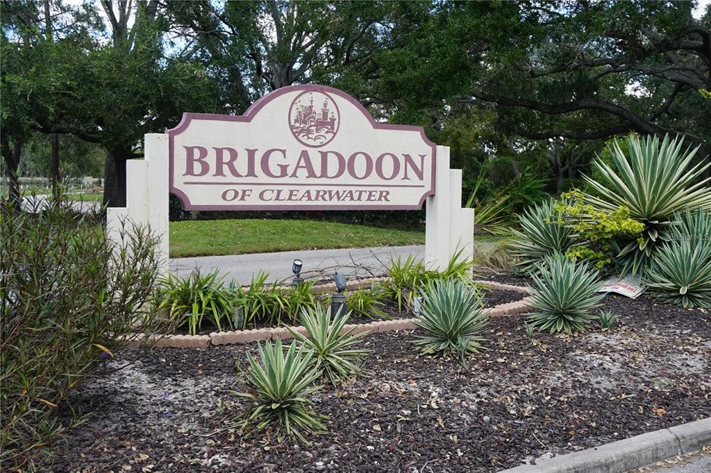 A sign for Brigadoon of Clearwater stands in a landscaped garden bed with agave plants — 2404 BRIGADOON DRIVE, CLEARWATER, FL