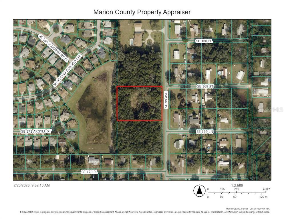 This is a property map showing a rectangular parcel of land outlined in red — 0 SE 99TH AVENUE, SUMMERFIELD, FL