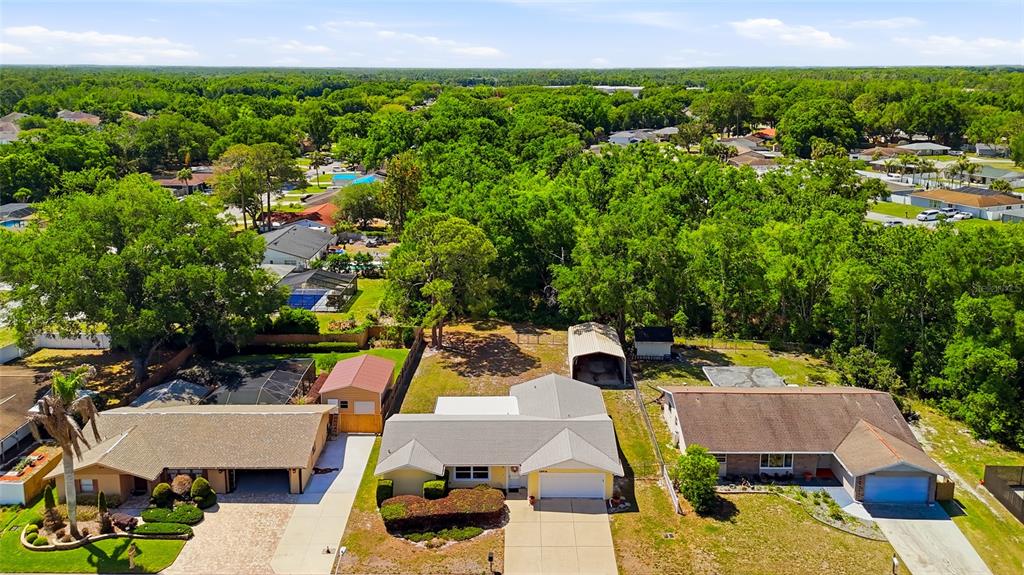 An aerial view shows three suburban houses with driveways and yards surrounded by dense trees — 26916 MAGNOLIA BOULEVARD, LUTZ, FL