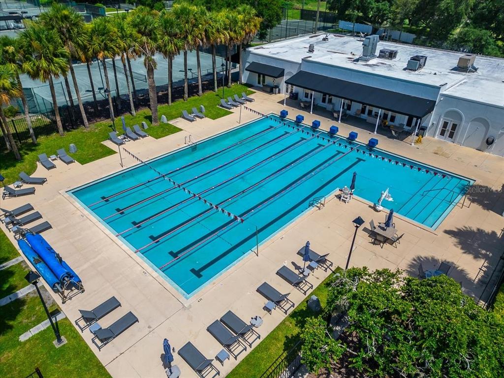 An aerial view shows a rectangular swimming pool with lap lanes and surrounding lounge chairs — 15707 COCHESTER ROAD, TAMPA, FL
