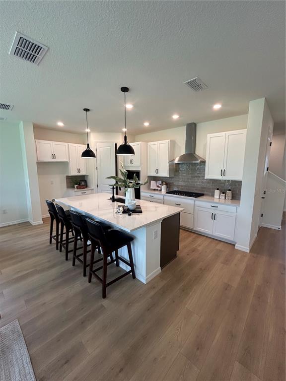 A modern kitchen features white cabinetry, a large quartz island, and light wood flooring — 5249 EVERLONG DRIVE, APOLLO BEACH, FL