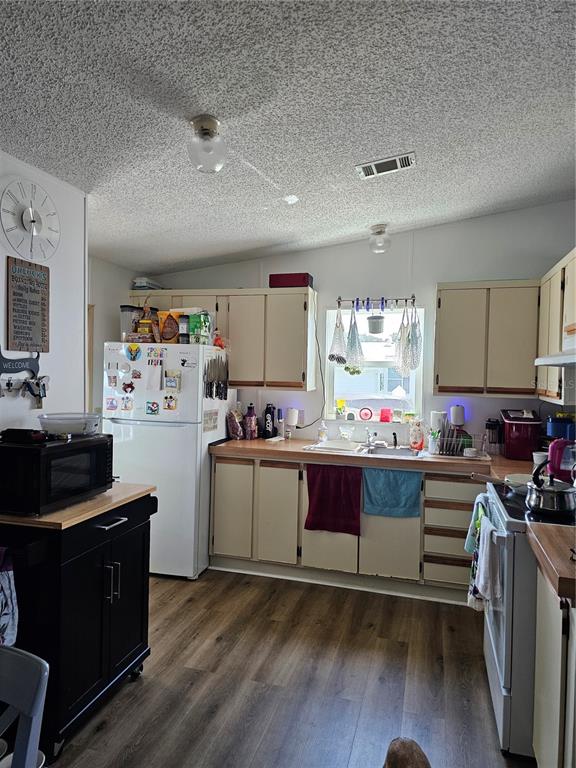 A kitchen features light-colored cabinets, a white refrigerator, a black island, and wood-look flooring — 375 MELBOURN DRIVE, HAINES CITY, FL