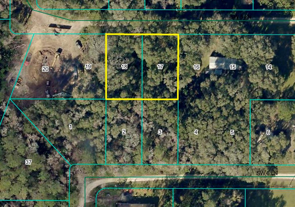This aerial map shows two adjacent, wooded residential lots outlined in yellow — tbd SW 5TH LANE, OCALA, FL