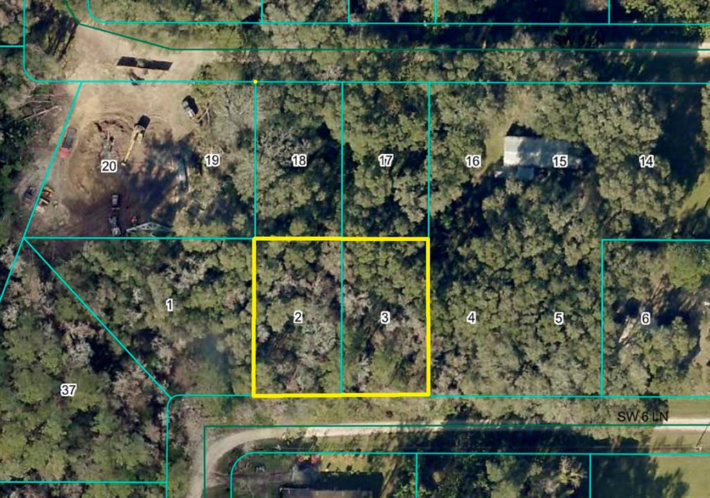 This is an aerial map showing two adjacent, wooded lots outlined in yellow — tbd SW 5TH LANE, OCALA, FL