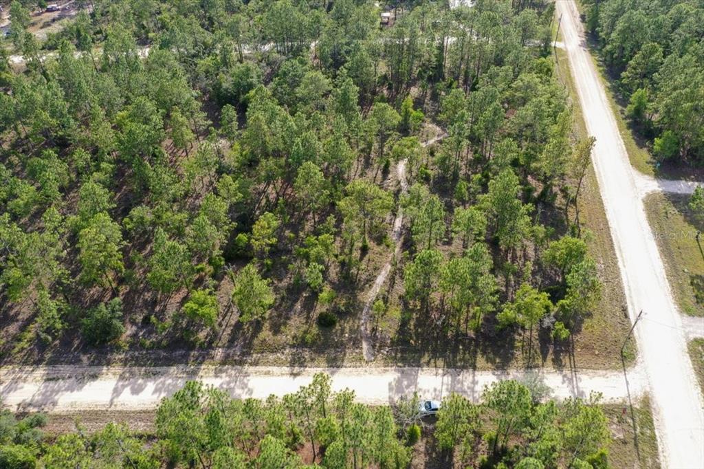 An aerial view shows a wooded, undeveloped lot situated at the corner of two dirt roads — 0000 NE 132 TERRACE LOT 1 TERRACE, WILLISTON, FL