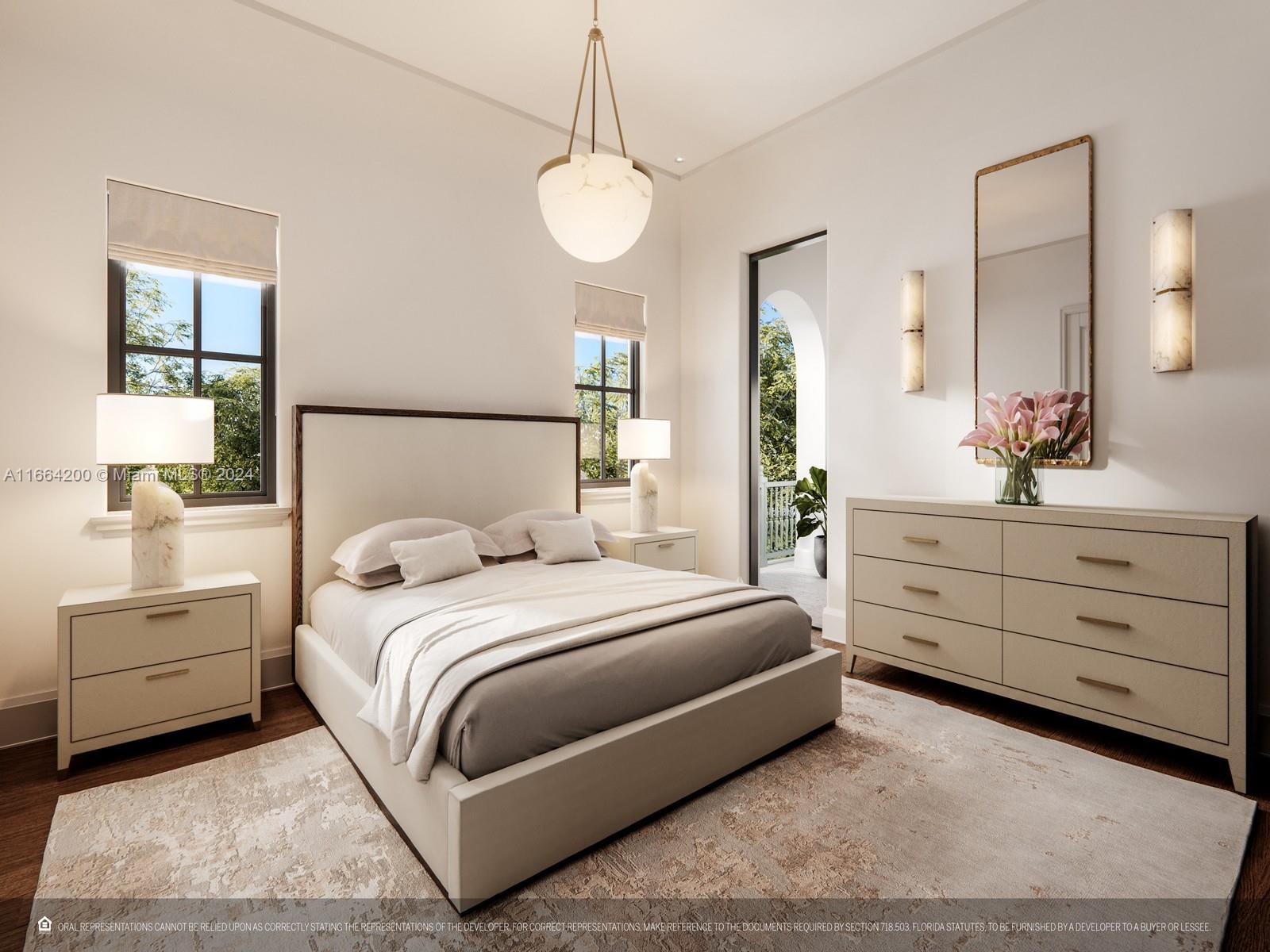 This rendering shows a modern bedroom with a bed, two nightstands, a dresser, and balcony access — 504 Malaga Ave # T14, Coral Gables FL 33134, CORAL GABLES, FL