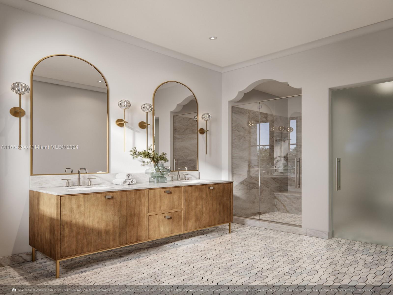 This rendering shows a modern bathroom with a wood vanity, arched mirrors, and marble flooring — 504 Malaga Ave # T14, Coral Gables FL 33134, CORAL GABLES, FL