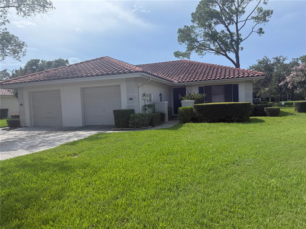 A concrete walkway leads to a dark green front door flanked by two stucco pillars — 18425 AINTREE COURT, TAMPA, FL