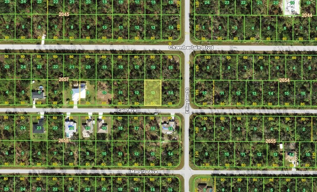 This is an aerial map showing residential land parcels and street layouts — 14180 CAIN AVENUE, PORT CHARLOTTE, FL