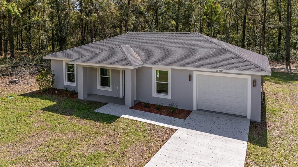 A gray single-story house with a white garage door and a concrete driveway — 15664 SW 28TH LANE, OCALA, FL