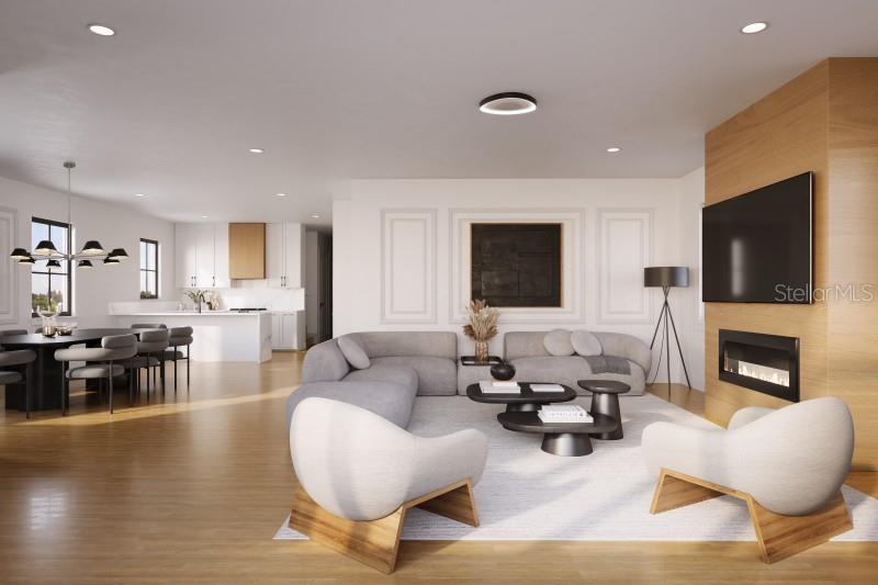 This rendering shows an open-concept living and dining area with modern furniture and wood flooring — 642 MEDORA WAY, WINTER GARDEN, FL