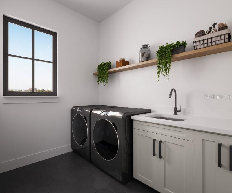 This rendering shows a laundry room with dark appliances, light cabinetry, and a floating wood shelf — 642 MEDORA WAY, WINTER GARDEN, FL