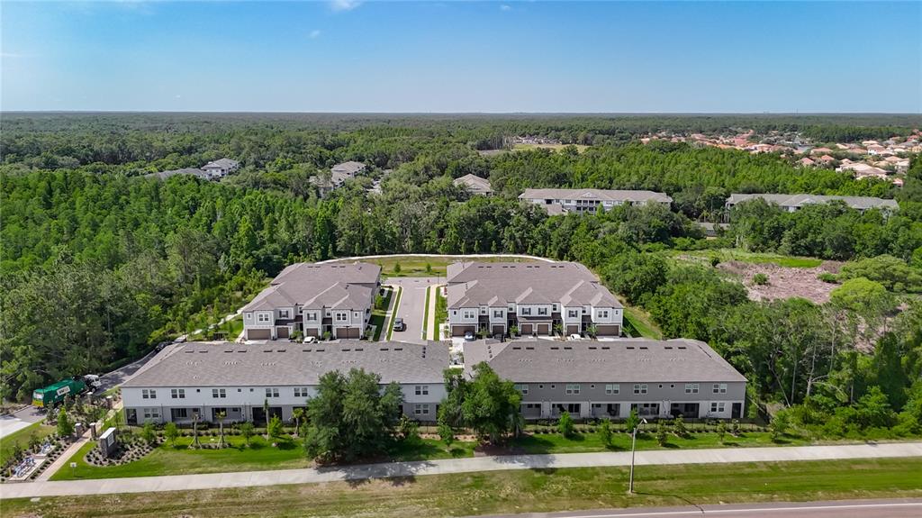 An aerial view shows multi-story apartment buildings surrounded by dense trees and a paved road — 10801 FORT WHITE COURT, TAMPA, FL