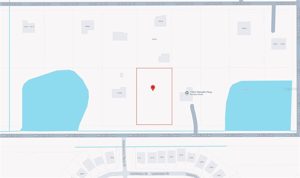 This is a map showing a vacant lot highlighted in red near Meredith Parkway — 0 MEREDITH PARKWAY, ORLANDO, FL