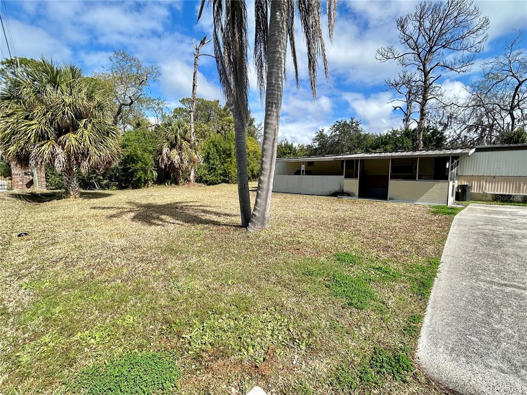 A grassy yard with palm trees sits in front of a single-story mobile home — 6116 COUNTRYMAN LANE, NEW PORT RICHEY, FL