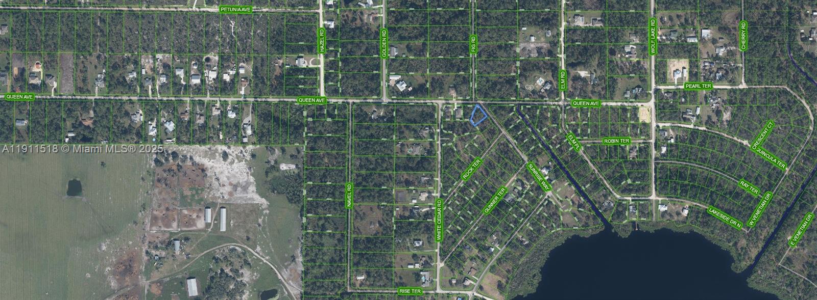 This is an aerial map showing a highlighted land parcel in a residential neighborhood — 6201 SUNRISE WAY, Sebring FL 33875, SEBRING, FL