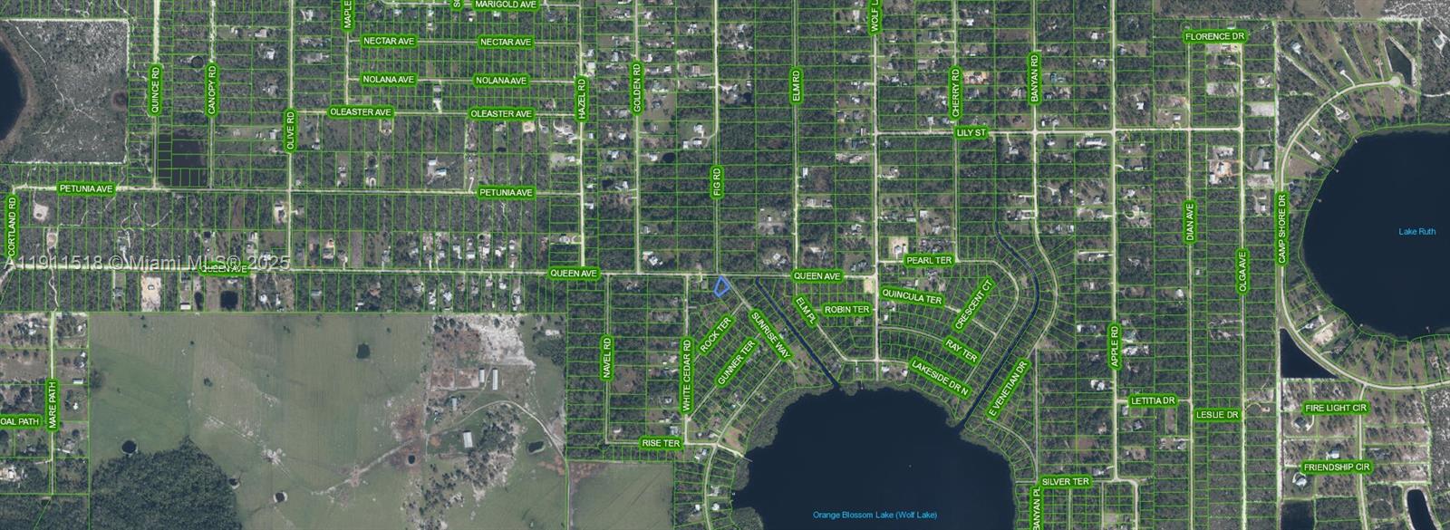 This is an aerial map showing a residential neighborhood grid near Orange Blossom Lake — 6201 SUNRISE WAY, Sebring FL 33875, SEBRING, FL