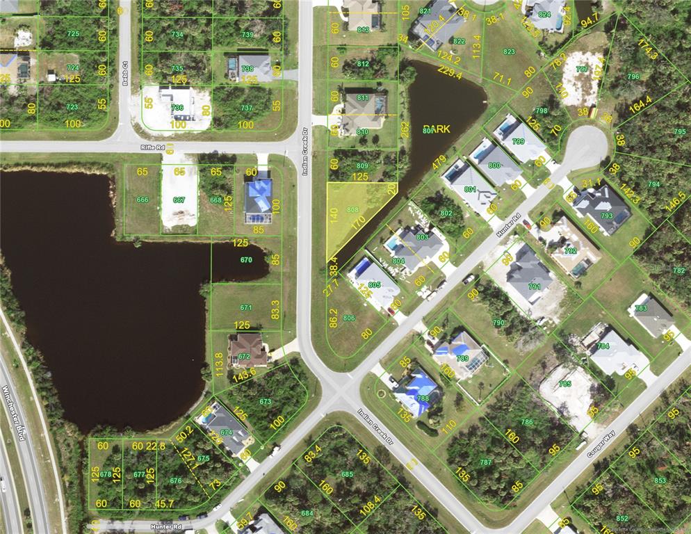This is an aerial map showing residential lots, streets, and bodies of water — 250 INDIAN CREEK DRIVE, ROTONDA WEST, FL
