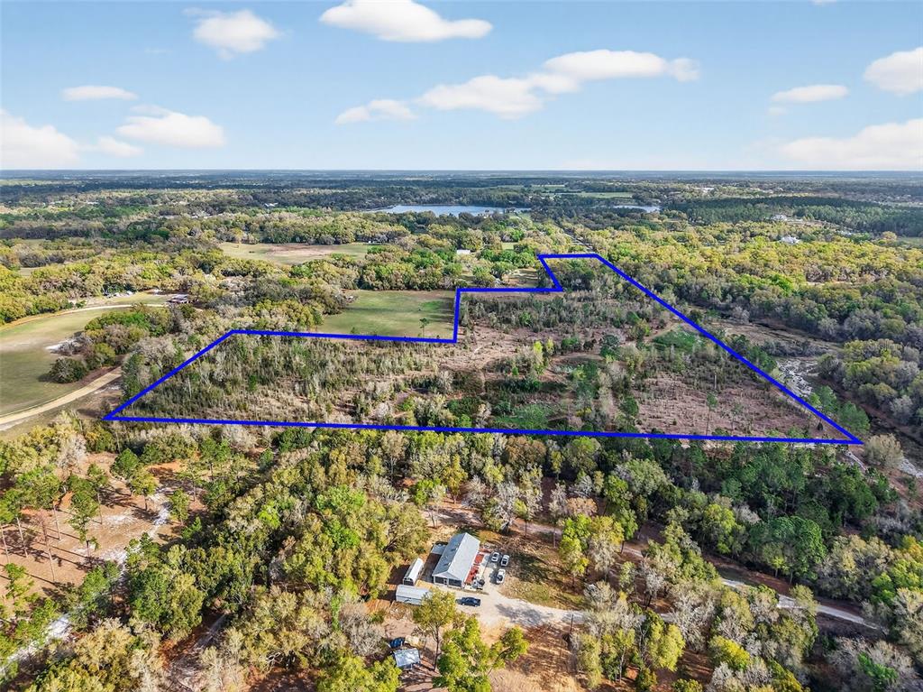 An aerial view shows a large, irregularly shaped plot of land outlined in blue — ISLAND POND LANE, EUSTIS, FL