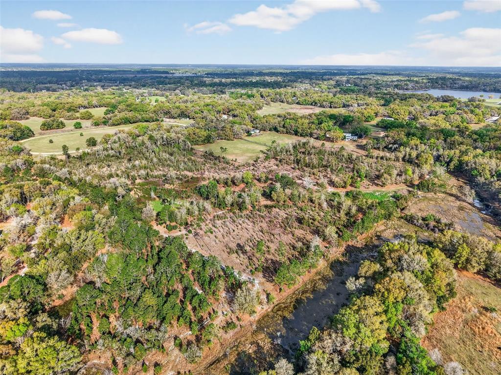An aerial view shows a large, wooded plot of land with a small pond nearby — ISLAND POND LANE, EUSTIS, FL