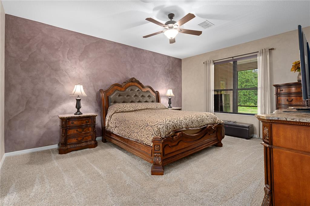A bedroom features a large wooden bed, a textured mauve accent wall, and beige carpet — 14807 PRINCEWOOD LANE, LAND O LAKES, FL