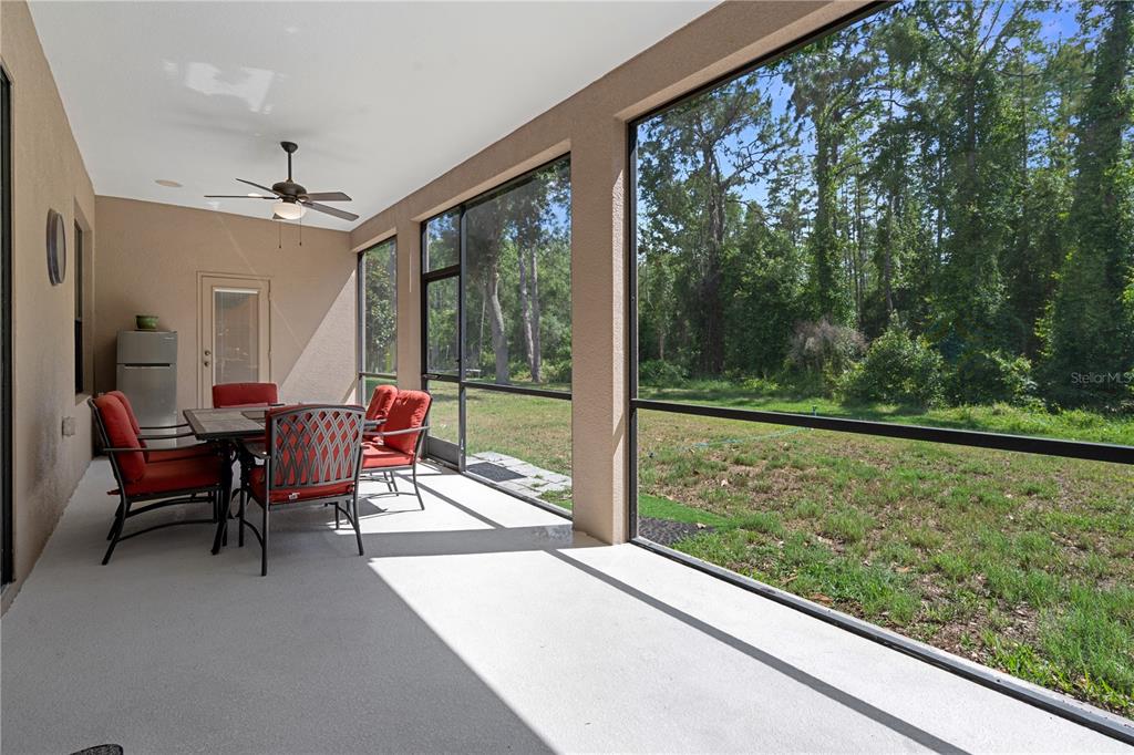 A screened-in patio features a dining set, ceiling fan, and views of a wooded backyard — 14807 PRINCEWOOD LANE, LAND O LAKES, FL