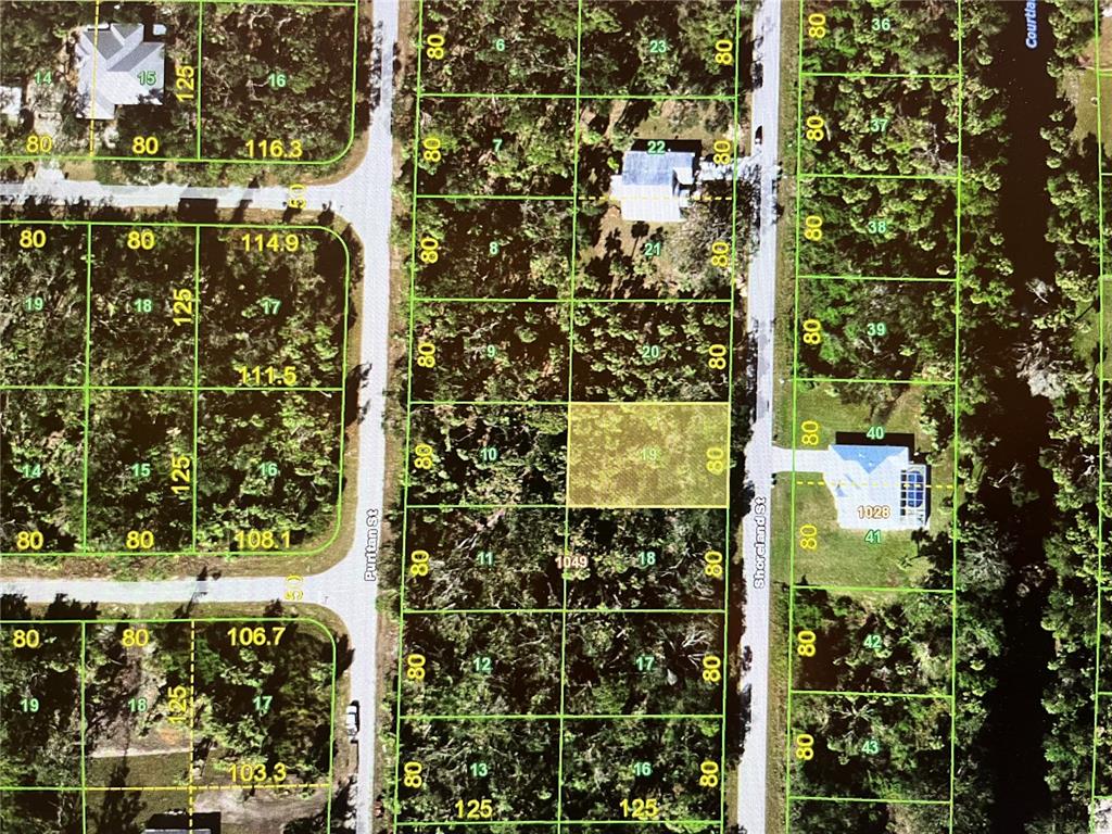 This is a satellite map showing residential lots and street layouts in a wooded area — 321 SHORELAND STREET, PORT CHARLOTTE, FL