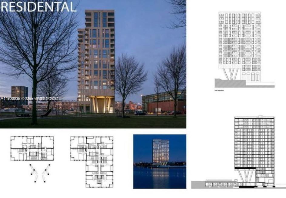 This image displays a residential building rendering, floor plans, and elevation drawings — 721 W Hallandale Beach Blvd, Hallandale Beach FL 33009, HALLANDALE BEACH, FL