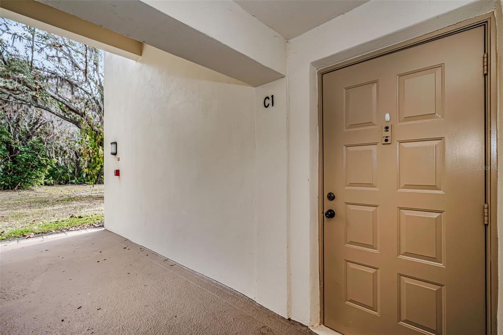 A tan exterior door with a peephole is located on a covered concrete patio — 3232 LAKE PINE WAY E UNIT C1, TARPON SPRINGS, FL