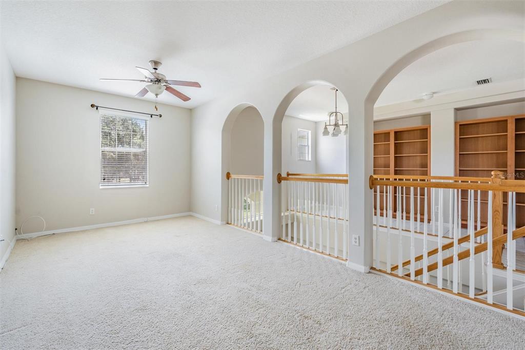 An upstairs carpeted loft features arched openings overlooking a lower level with built-in wooden bookshelves — 6008 FISHHAWK CROSSING BOULEVARD UNIT 6008, LITHIA, FL
