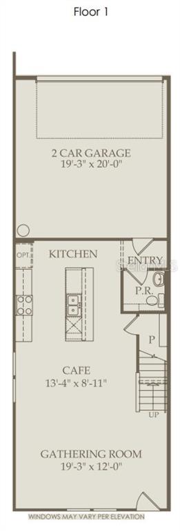 This floor plan shows the first level of a home with a garage and open layout — 2155 SOUTHBURY DRIVE, KISSIMMEE, FL