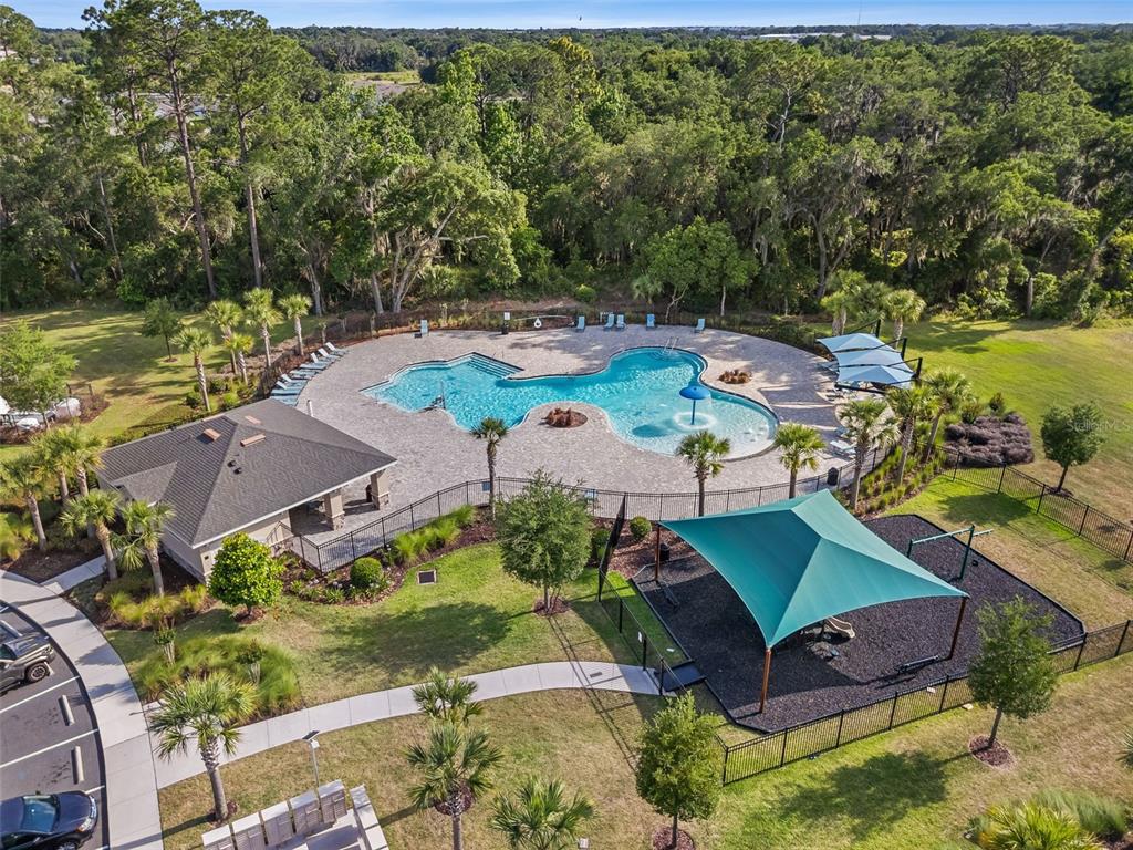 An aerial view shows a community swimming pool, a clubhouse, and a shaded playground area — 2722 PUFFIN PLACE, DAVENPORT, FL