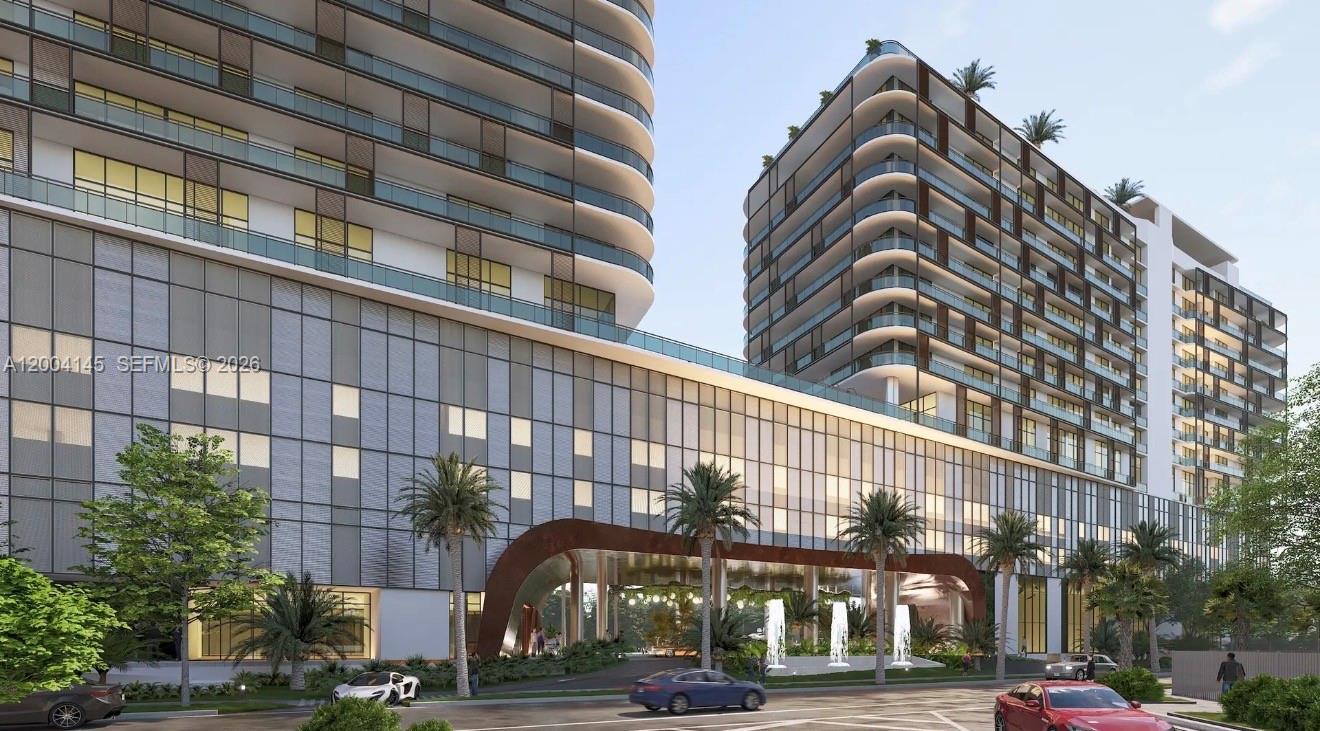 This architectural rendering shows the exterior entrance of a modern multi-story residential building — 555 NW South River Dr # 728, Miami FL 33136, MIAMI, FL