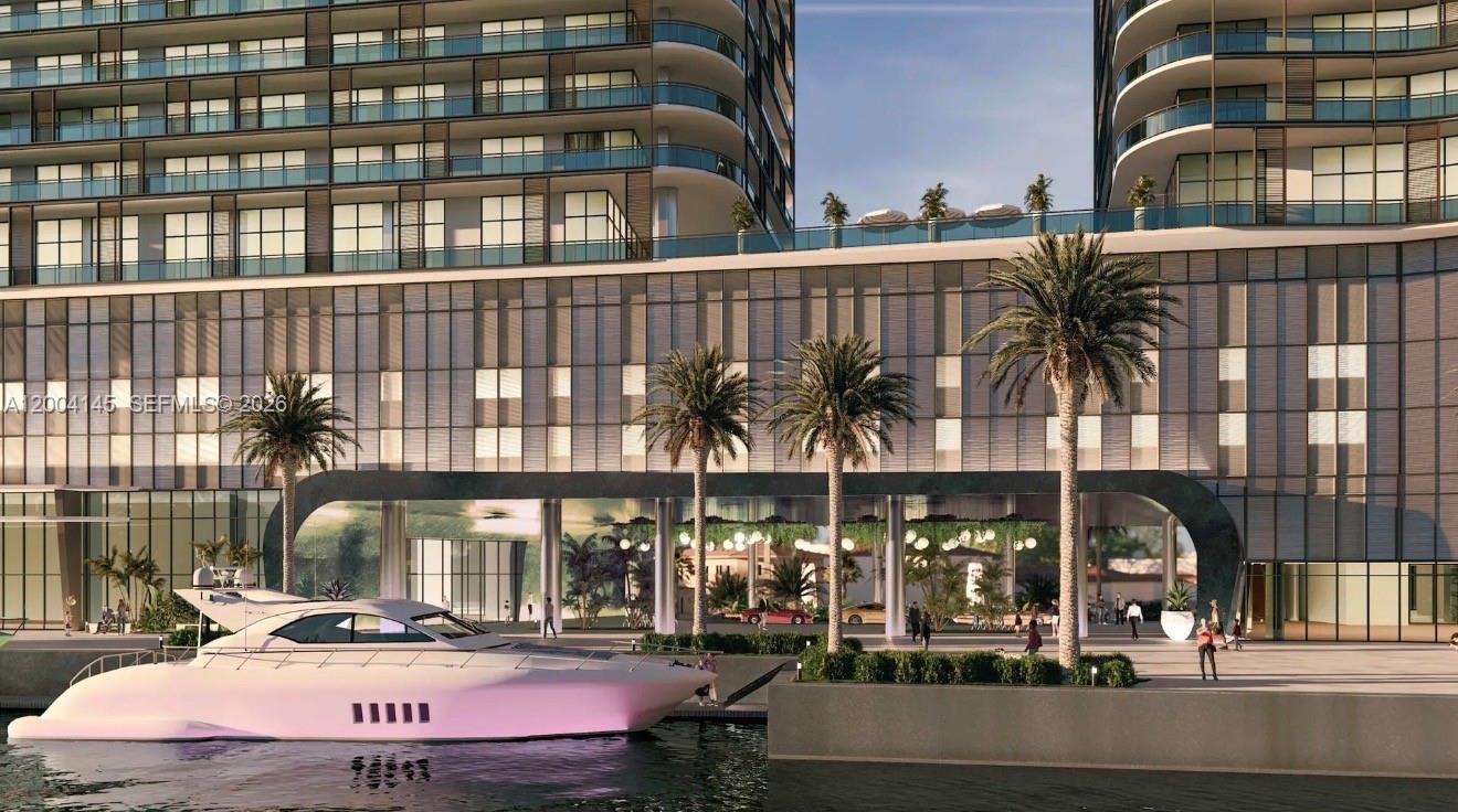 This architectural rendering shows a modern waterfront building with a yacht docked in front — 555 NW South River Dr # 728, Miami FL 33136, MIAMI, FL