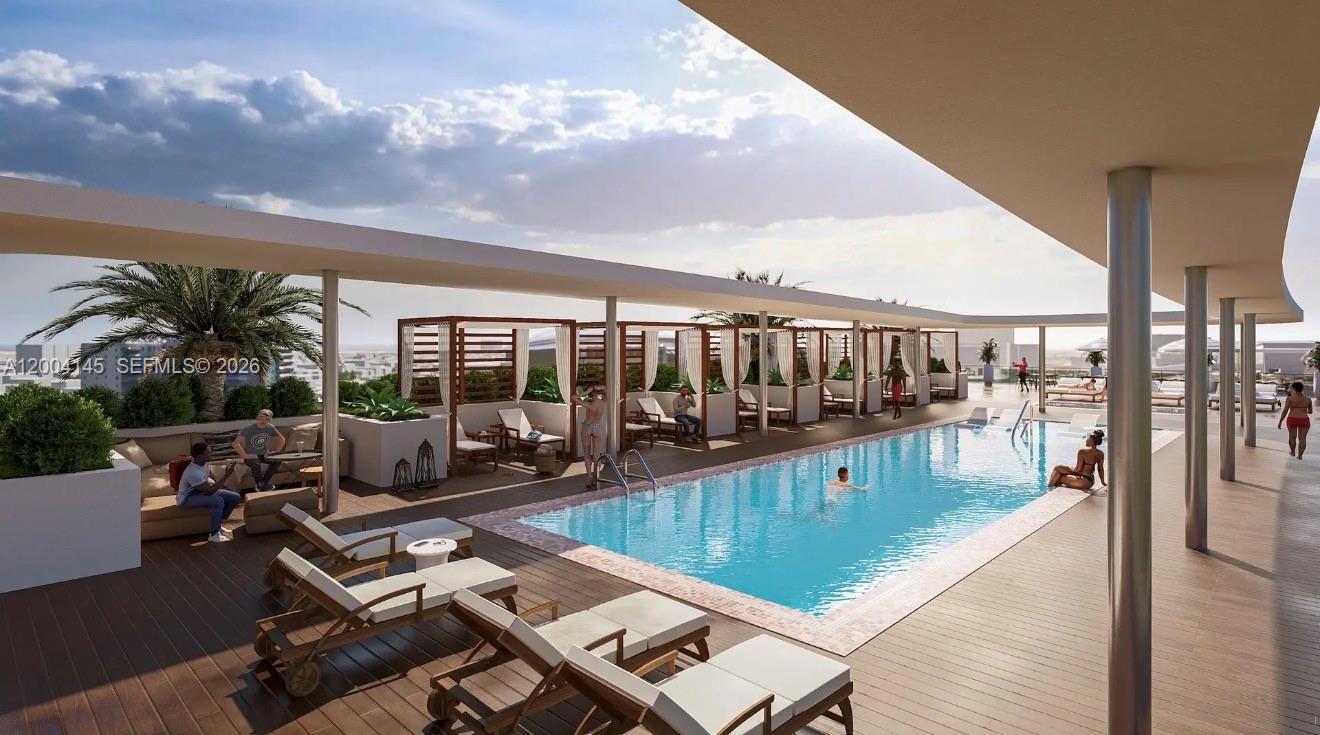 This rendering shows an outdoor rooftop swimming pool with lounge chairs and cabanas — 555 NW South River Dr # 728, Miami FL 33136, MIAMI, FL