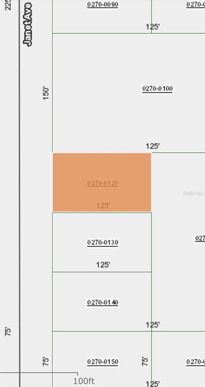This is a property tax map showing parcel 0270-0120 highlighted in orange along Janet Avenue — JANET AVE, INTERLACHEN, FL