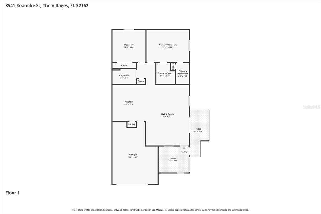 This is a floor plan for a single-story home with a garage, lanai, and patio — 3541 ROANOKE STREET, THE VILLAGES, FL