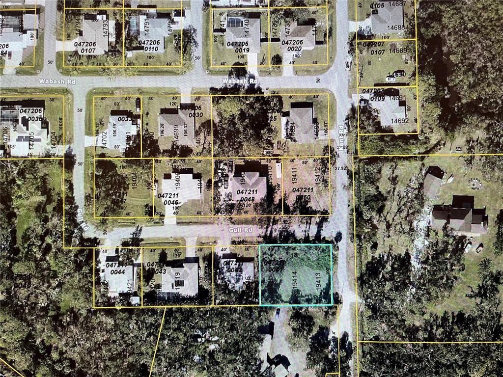 This is a satellite map showing residential property lot lines and parcel numbers — LOTS 19413 19414 & 19415 GULL ROAD, VENICE, FL