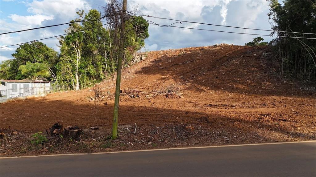 A cleared, sloped dirt lot sits adjacent to a paved road with surrounding trees — BO MIRAFLORES PARC. 2, ARECIBO, PR