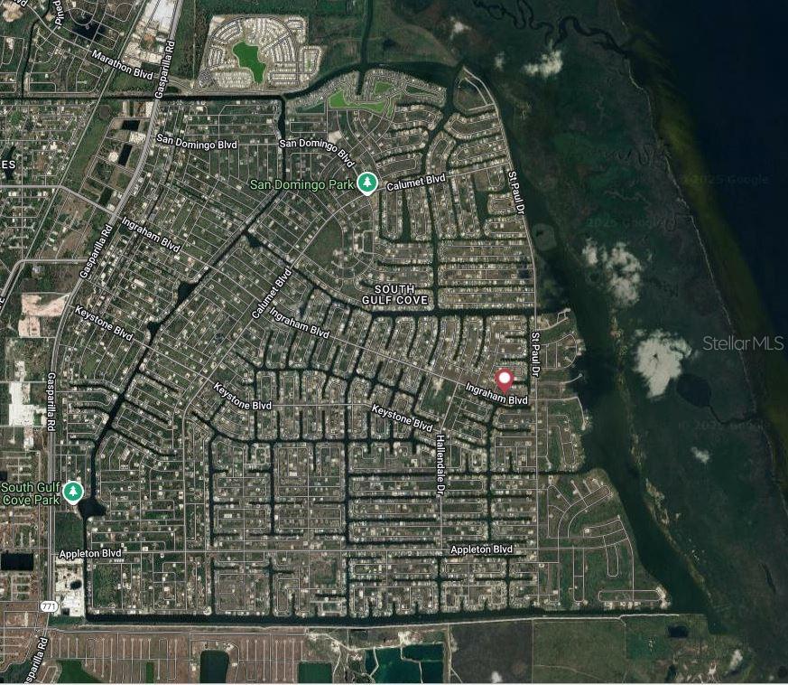 This is an aerial map view of a residential neighborhood in South Gulf Cove — 15068 INGRAHAM BOULEVARD, PORT CHARLOTTE, FL