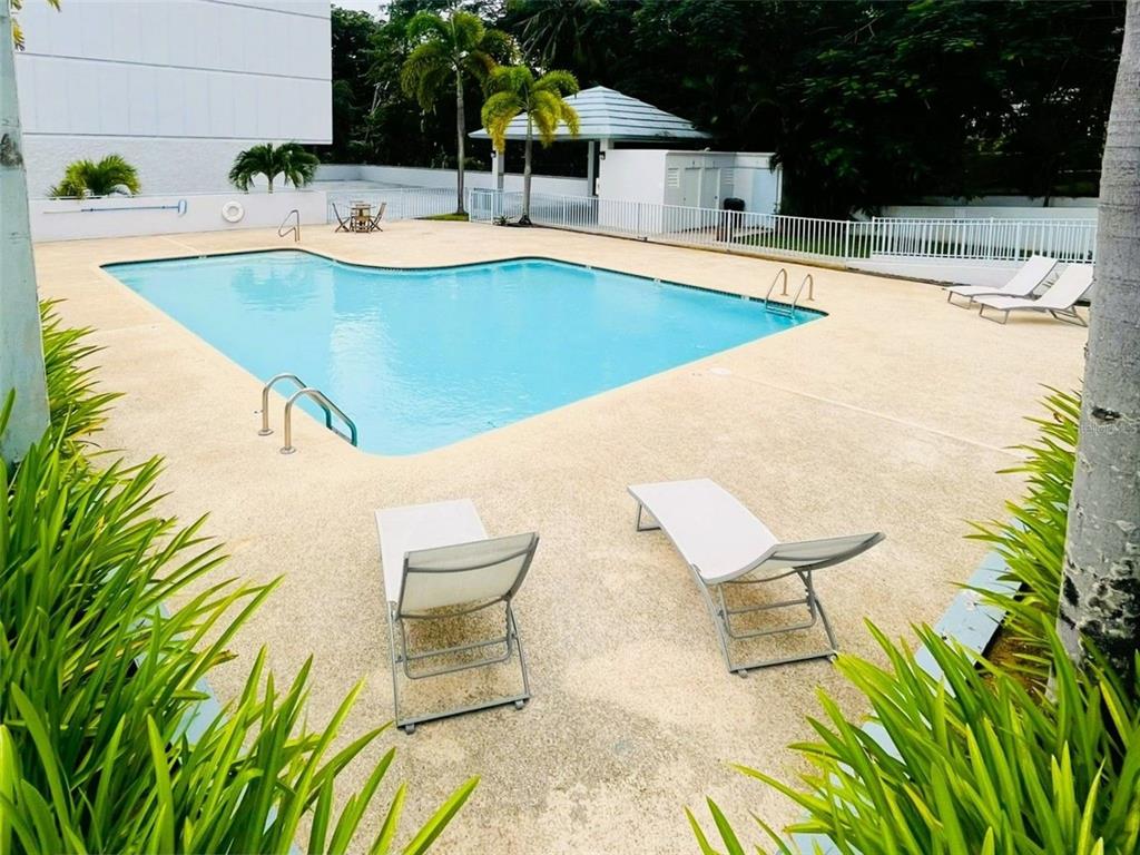 An outdoor swimming pool with lounge chairs on a concrete deck surrounded by palm trees — 1812 ALCALA UNIT 2301, SAN JUAN, PR
