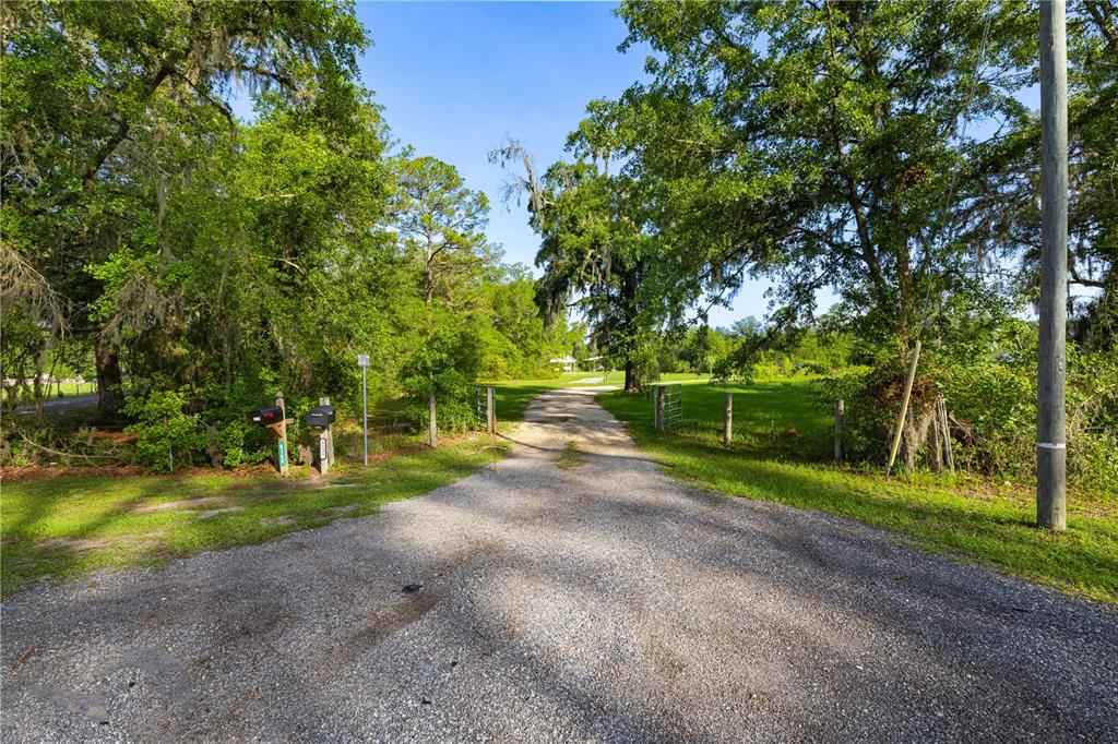 A gravel driveway leads through a gated entrance into a grassy, tree-lined property — 5149 SW 119TH PLACE, LAKE BUTLER, FL