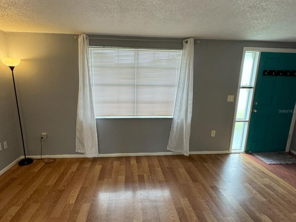 A living room with wood-look flooring, a window with white curtains, and a teal door — 7410 CASTANEA DRIVE, PORT RICHEY, FL