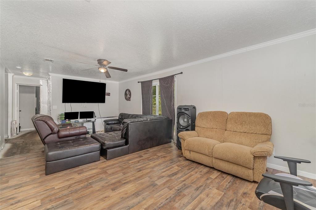 A living room features wood-look flooring, a ceiling fan, a television, and two sofas — 18905 NW 250TH STREET, HIGH SPRINGS, FL