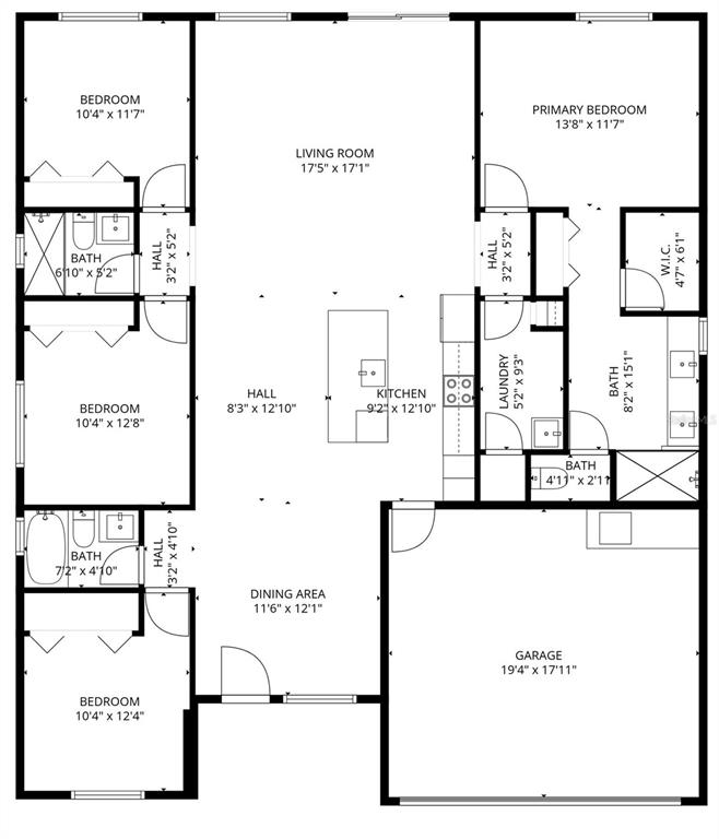 This is a floor plan for a four-bedroom, three-bathroom house with an attached two-car garage — 3750 JAPONICA AVENUE, INDIAN LAKE ESTATES, FL
